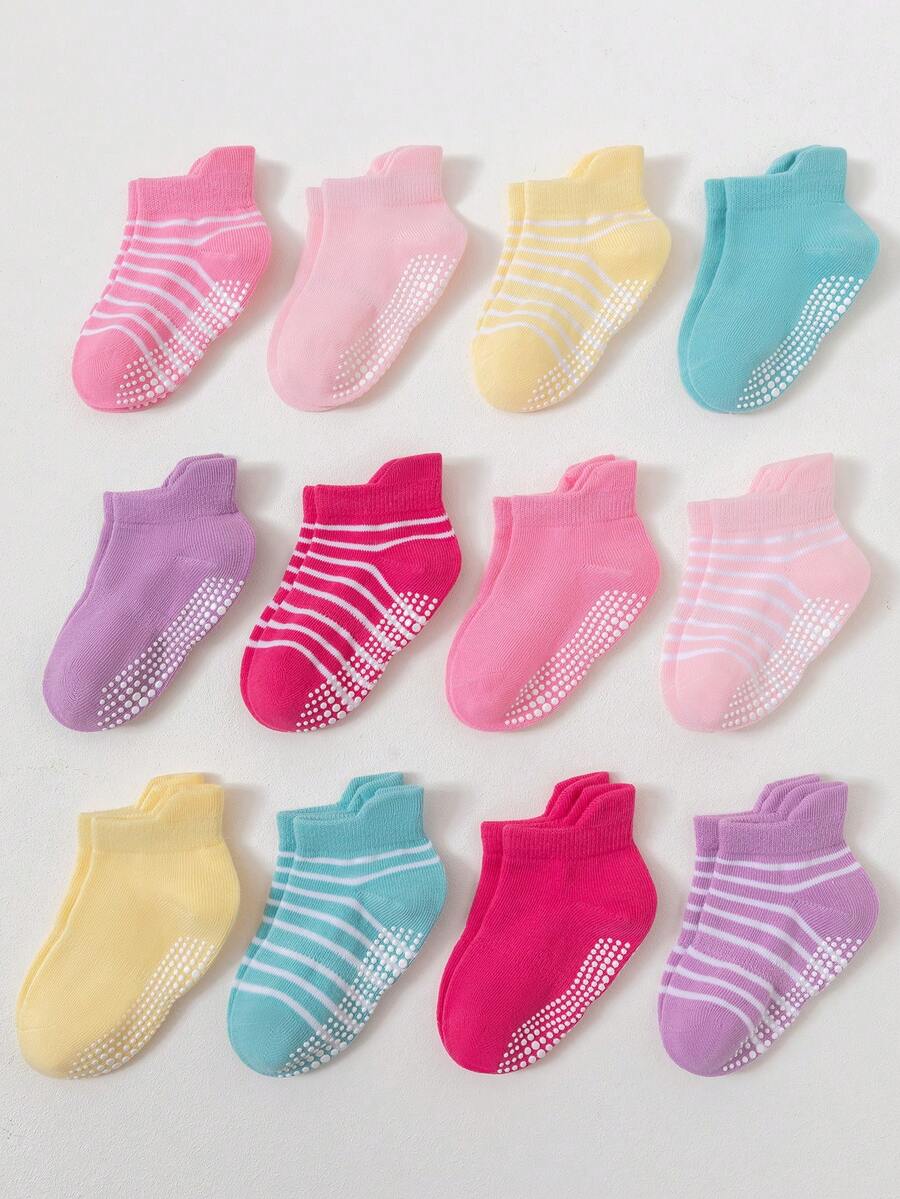 12 Pairs Girls Candy Color Basic Non-Slip Sole Children Sports Socks With Ear Tabs, Multi-Function Trampoline Socks, Floor Socks - Multicolor - View 1