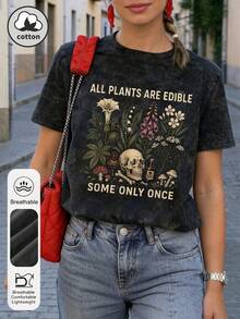 大码女式日常纯棉花园植物和骷髅图案圆领短袖复古夏季女式黑色水洗T恤休闲款 - 黑色 - 查看 5