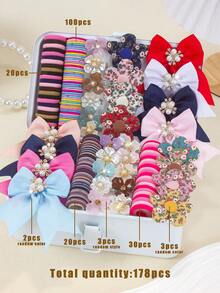 178pcs Vintage Atmosphere Girls Hair Accessories Set, Pearl Rhinestone Solid Color Hair Clips, Pearl Ditsy Floral Flower Hairpins, Shiny 3D Clover Alligator Hair Clips, Side Clips, High Elasticity Towel Scrunchies, Thin Hair Ties, Daily Match Party Headwear - Multicolor - View 12