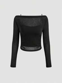 Áo croptop nữ phong cách những năm 2000, xuyên thấu, tay dài, cổ tròn, ôm sát, gợi cảm, mỏng nhẹ cho mùa hè thường ngày - màu đen - Xem 6
