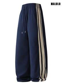 Celana Olahraga Kasual Pria Warna Biru Tua, Celana Panjang Lurus dengan Tiga Garis Beige dan Tali Serut di Samping, Celana Panjang Olahraga Serbaguna untuk Sehari-hari di Musim Gugur - Navy Blue - View 7