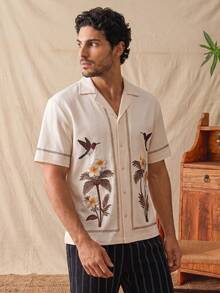 glestore Men's Vintage "Old Money Style" Vacation Polyester Printed Short Sleeve Shirt: A Luxurious "Old Money Style" Piece Suitable For Various Occasions - Multicolor - View 4