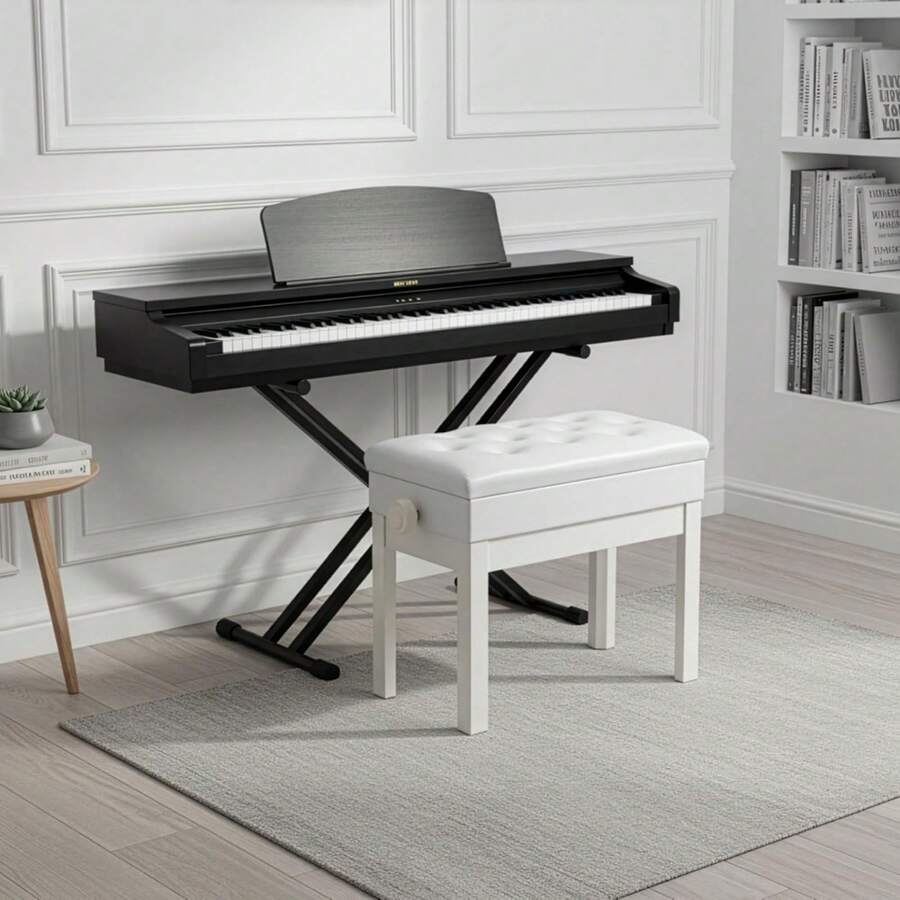 Height Adjustable Faux Leather Piano Stool With Storage - Blanco - Ver 1