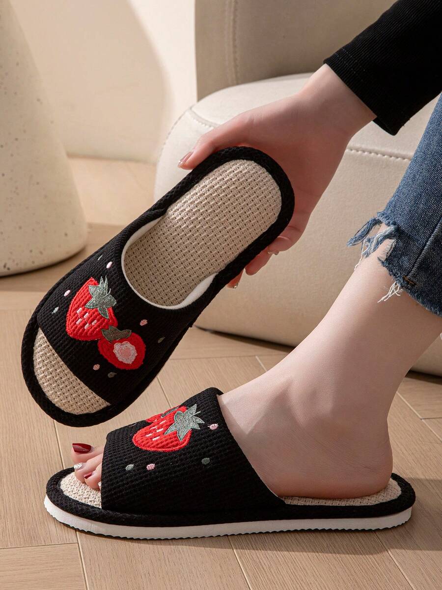 OBOVAY 女款休閒時尚露趾居家亞麻拖鞋,刺繡草莓設計,四季適用 - 透氣款黑色 - 查看 1