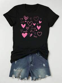 Chic Heart & Slogan Graphic Tee for Women - Soft 100% Cotton, Stretchy, Crew Neck, Short Sleeve - Perfect Valentine's Day Gift Tee For adult, Men, Women, Teen, Teenager, adolescent, Youth - nero - Visualizzare 3