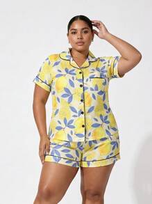 Snug League Marira Curve 2pcs/Set Cute Lemon Print Bow Decor Plus Size Ladies Pajama Set, Includes Short Sleeve Shirt With Collar & Button - Yellow - View 7