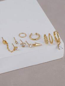 9pcs Inlaid Cubic Zirconia Eight-Pointed Star Earring Set, Multiple Ear Piercing Earrings Set, Suitable For Women's Daily Wear, Dating, Party And Gathering - Yellow Gold - View 4