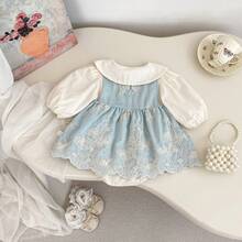 Baby Spring/Autumn New Solid Color Long Sleeve Bodysuit, Light Blue Lace Embroidered Peter Pan Collar 2-Piece Set, Baby Girl Crawler - Blue - View 1
