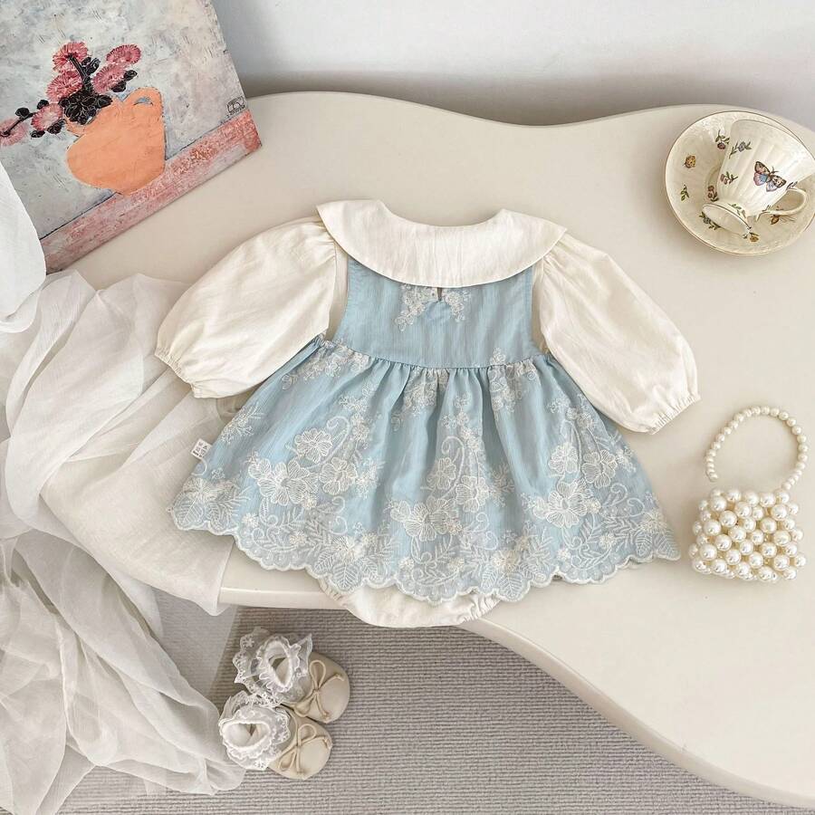 Baby Spring/Autumn New Solid Color Long Sleeve Bodysuit, Light Blue Lace Embroidered Peter Pan Collar 2-Piece Set, Baby Girl Crawler - Blue - View 1