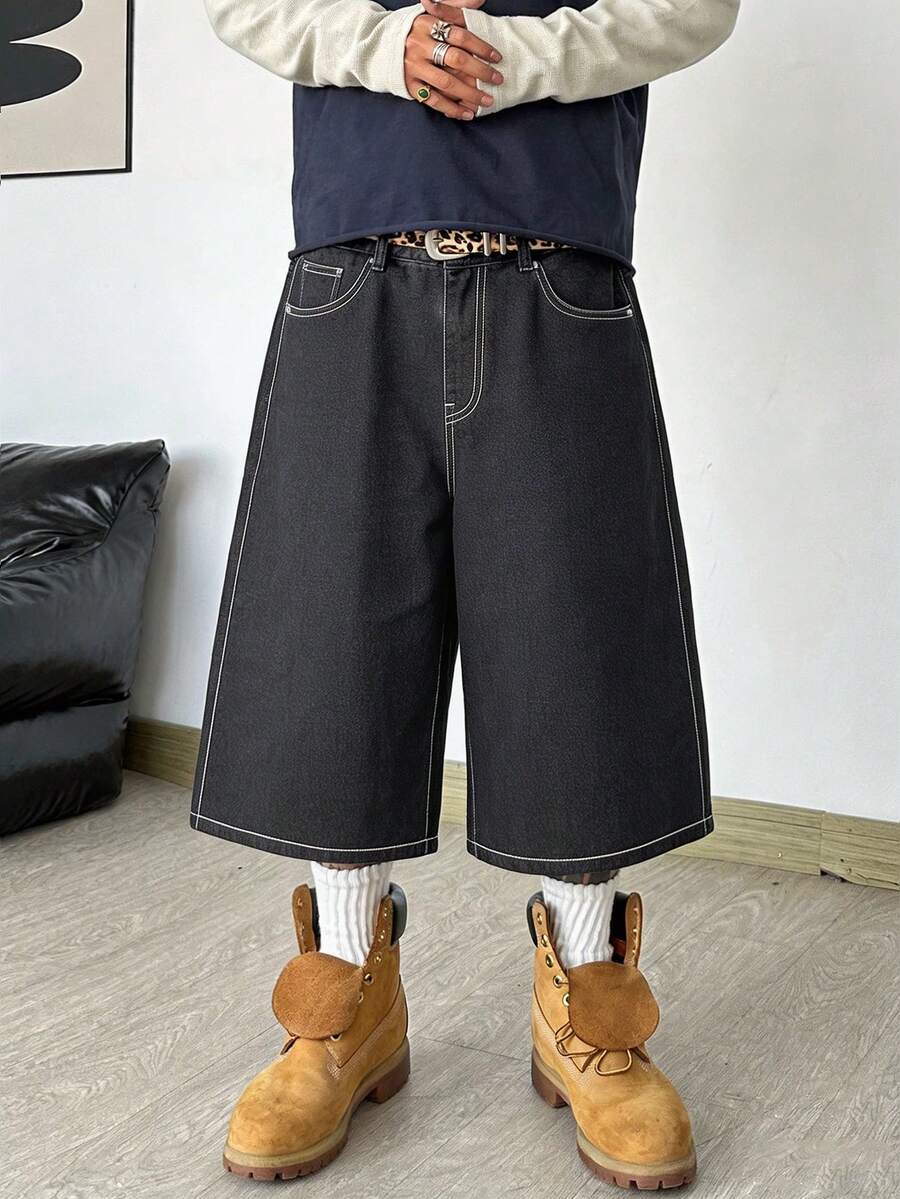 Justice Brother 1件韓系街頭風通勤設計口袋刺繡男士牛仔短褲,四季百搭寬鬆舒適寬腿五分褲(不含腰帶/配件) - 黑色 - 查看 1