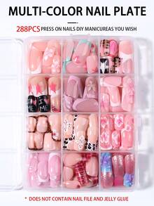 288片（12款混色）短款長方形3D凝膠美甲貼片，扶桑花美甲，短款法式穿戴甲，粉色、黃色、白色、藍色，法式設計，完美貼合短款假指甲套組，夏季美甲與法式美甲 - 彩色 - 查看 4