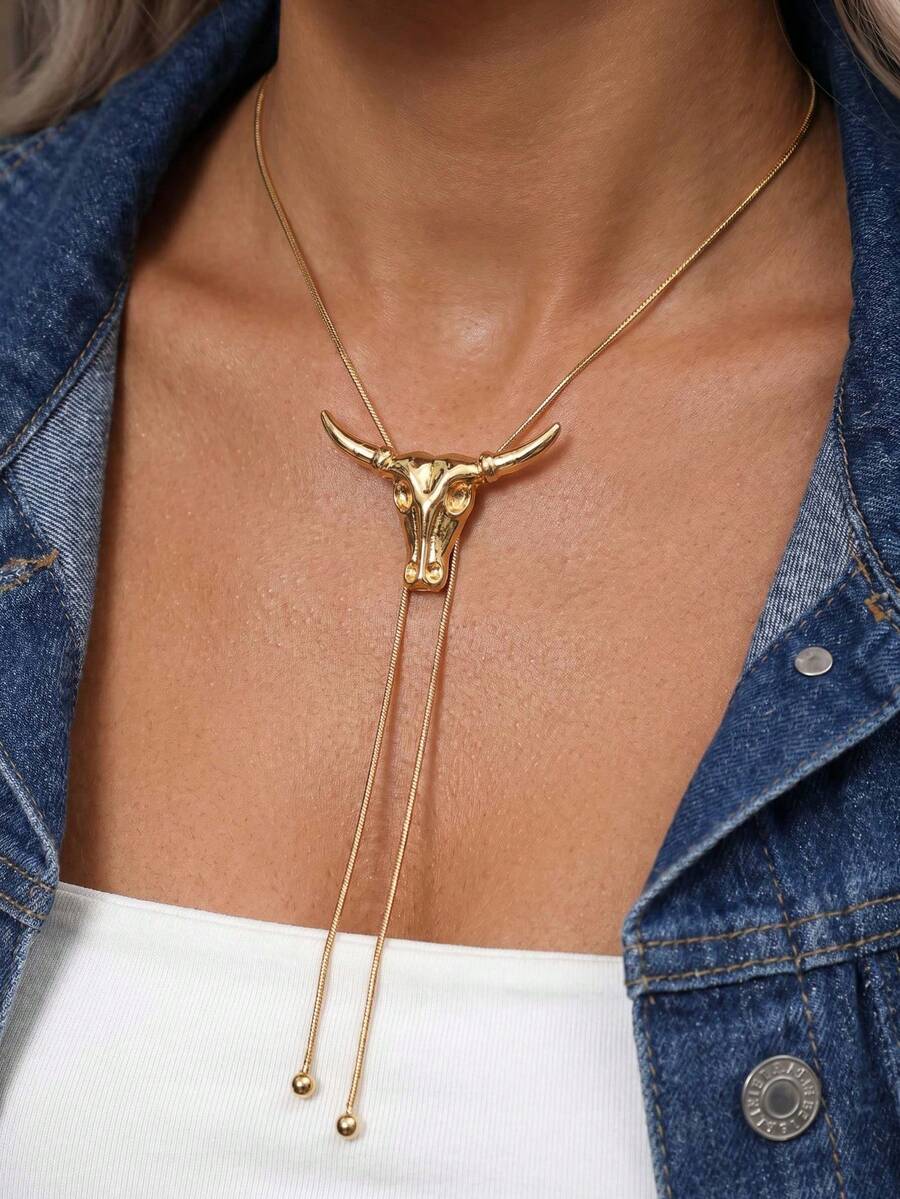 1 pieza Collar bolo vintage de estilo occidental con cráneo de toro de cuernos largos, cadena de serpiente ajustable en forma de Y, lazo bohemio, joyería de vaquera para mujer para festivales - Dorado - Ver 1