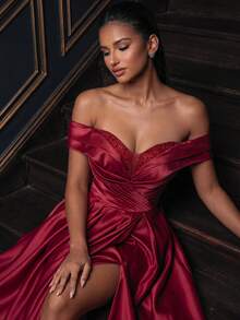 Smilprince Vestido de fiesta encantador para mujer, vestido maxi de manga corta con hombros descubiertos, abertura hasta el muslo, manga regular, hecho de tela tejida sin estiramiento para boda - Burdeos - Ver 7