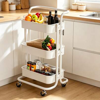 Carrello portaoggetti a 3 ripiani con ruote bloccabili, carrello multiuso in rete metallica con maniglia, organizer multifunzionale per cucina, bagno e soggiorno, design sottile e salvaspazio, disponibile in nero/bianco, 85*43*37 cm