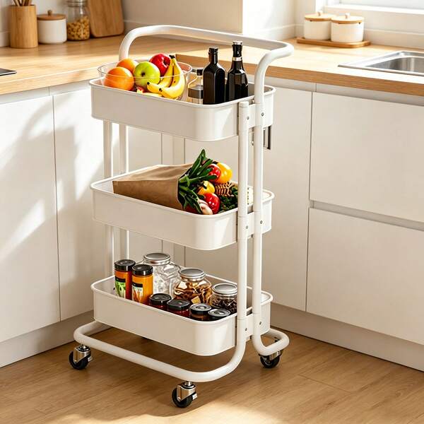 Carrello portaoggetti a 3 ripiani con ruote bloccabili, carrello multiuso in rete metallica con maniglia, organizer multifunzionale per cucina, bagno e soggiorno, design sottile e salvaspazio, disponibile in nero/bianco, 85*43*37 cm