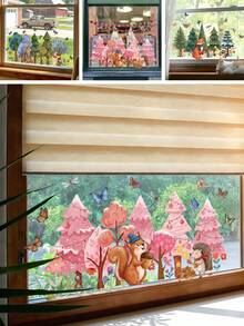 Cartoon Animal Forest Static Window Clings, Double-Sided Visible & Reusable, For Home, Kids Room & Kindergarten Decor - Multicolor - View 1