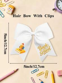 1pc Back To School Cartoon Pencil Print Large Bow Hair Clip, Preppy Style Ribbon Hairpin, Sweet Student Hair Accessory For Girls - Books and Pens - View 5
