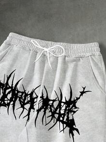 Men's Light Gray Casual Abstract Spiky Black Pattern Elastic Drawstring Flare Pants - Grey - View 6