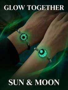 2pcs Set Gelang Hadiah Pasangan Buatan Tangan Baru Hitam & Putih, Gelang Kaca Bercahaya Matahari Bulan Bintang - Hitam dan Putih - View 2