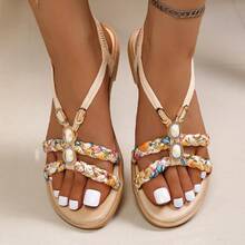 Beaded Flat Solid Color Flat Sandals - Apricot - View 12