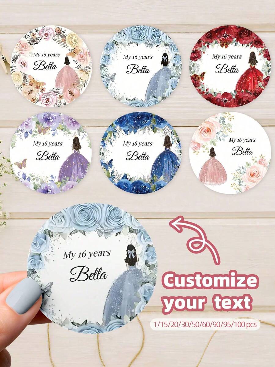 1-100 PIEZAS Pegatinas de Corona Coloridas Personalizadas para Cumpleaños, Pegatinas Circulares Personalizadas con Texto para Bodas, Etiquetas de Regalo Personalizadas para Adultos, Etiquetas de Decoración con Patrón de Mariposa y Floral para Fiestas de Bodas - Blanco - Ver 1