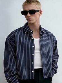 Men's Single-Breasted Casual/Commute Striped Short Sleeve Shirt - Navy Blue - View 1