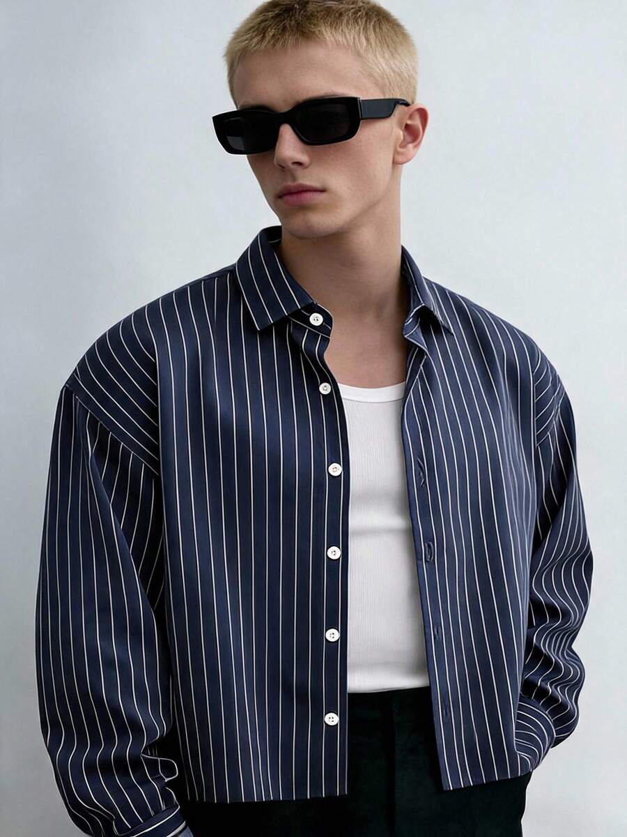 Men's Single-Breasted Casual/Commute Striped Short Sleeve Shirt - Navy Blue - View 1