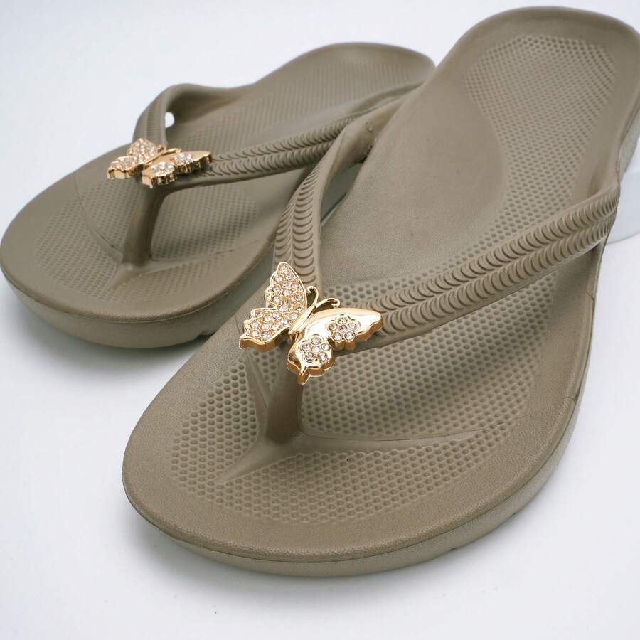 Women Rhinestone Butterfly Decor Wedge Flip Flops, Lightweight EVA Thick Sole Non‑Slip Thong Sandals, Waterproof Summer Beach Vacation Slippers - Brown - View 1