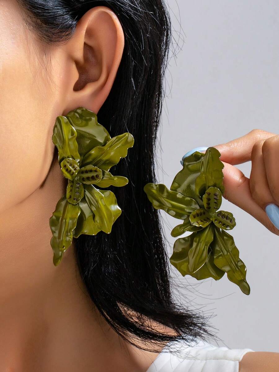 1對大號綠色蘭花耳環-超大花朵耳釘,女性獨特飾品,適合派對、度假與日常穿戴 - 花朵耳環 - 查看 1