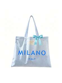 「Milan」字母印花復古條紋帆布托特包,附緞帶,化妝包,女款大容量條紋單肩包,可重複使用購物袋,休閒手提包,文具袋,學生鉛筆盒,內部寬敞輕巧耐用,適用於旅行、工作、上學、海灘、買菜、購物、週末出遊,開口設計方便使用,可水洗托特包,適合女性、媽媽、女孩的完美禮物,畢節紀念品,教師節禮物,節日、開學、生日、開學季、畢業季 - 彩色 - 查看 16