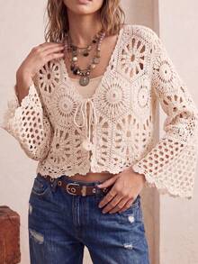 Women's Summer Bohemian Crochet Cover Up, Handmade Hollow Knit Cover-Up, Flare Sleeve & Front Tie | Festival Outfit, Beach Vacation Layering - Apricot - View 4