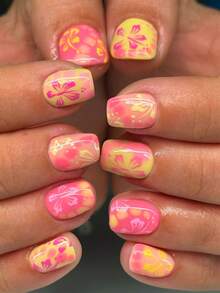 24 Stück kurze quadratische Hibiskus French Press-On Nagelaufkleber, perfekt passend für kurze Nägel, Set enthält 1 Stück Gelee-Kleber und 1 Stück Nagelfeile, einfach zu tragen, geeignet für Sommernägel und French Nails, perfekt für Frauen und Mädchen für den täglichen Gebrauch und Party-Anlässe - Verschiedenfarbig - Übersicht 10