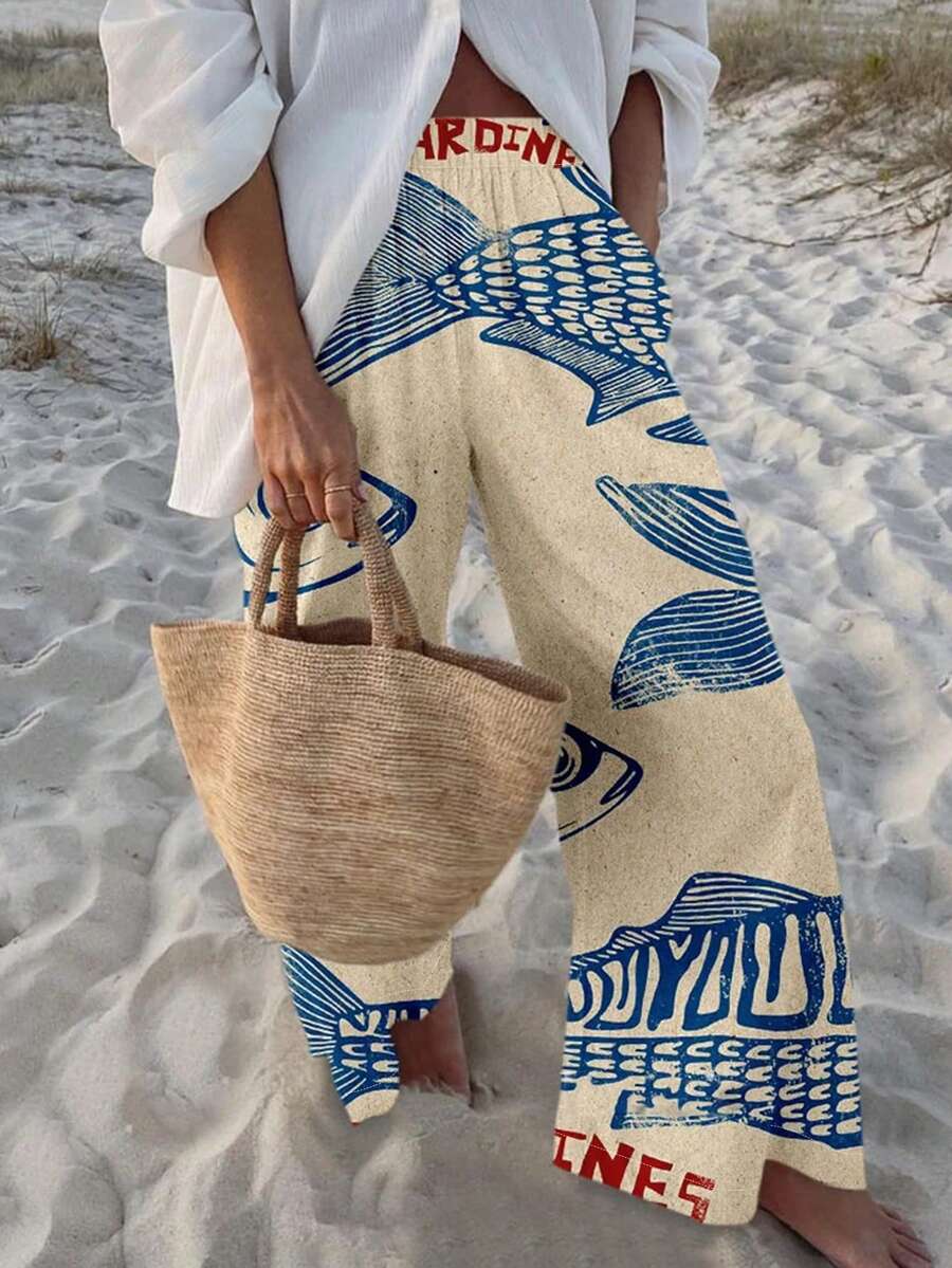 Women's Spring/Summer Casual Comfortable Pocket Bohemian Vacation Set, English Letter Multi-Style Ugly Fish Contrast Color Latin Fish Print Long Pants - Apricot - View 1