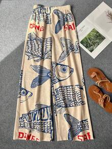 Women's Spring/Summer Casual Comfortable Pocket Bohemian Vacation Set, English Letter Multi-Style Ugly Fish Contrast Color Latin Fish Print Long Pants - Apricot - View 10