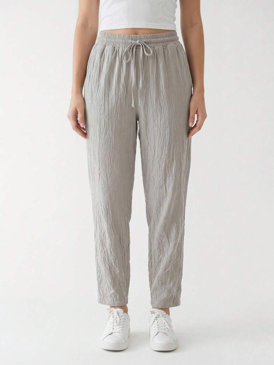 Pantalones casuales de mujer de corte holgado con cintura elástica - Beis - Ver 1