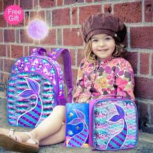 3 Pieces Girls Purple Mermaid Tail Scale Print Reversible Sequin Material Adjustable Straps Cute Style Backpack Set For Back-To-School & Daily Travel - Fish Tail - View 10