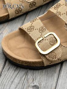 WRCVS Black Leopard Print Women's Flat Sandals With Buckle Decor, Random Pattern Slippers, Cork Sole, Non-Slip Beach Shoes, Bohemian Style Vacation Shoes - Brown - View 7