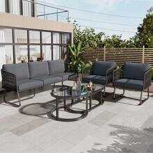 Conjunto de muebles de jardín con estructura de hierro galvanizado, muebles de jardín de cuerda gris, patas ajustables, tablero de mesa de cristal liso, conjunto de 5 piezas, incluyendo todos los cojines de asiento y respaldo. - Gris - Ver 3
