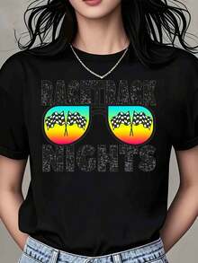 Women's Vintage Shirt, 'Racetrack Nights' Print With Sunglasses And Checkered Flags, Casual Summer Sportswear - Black - View 1