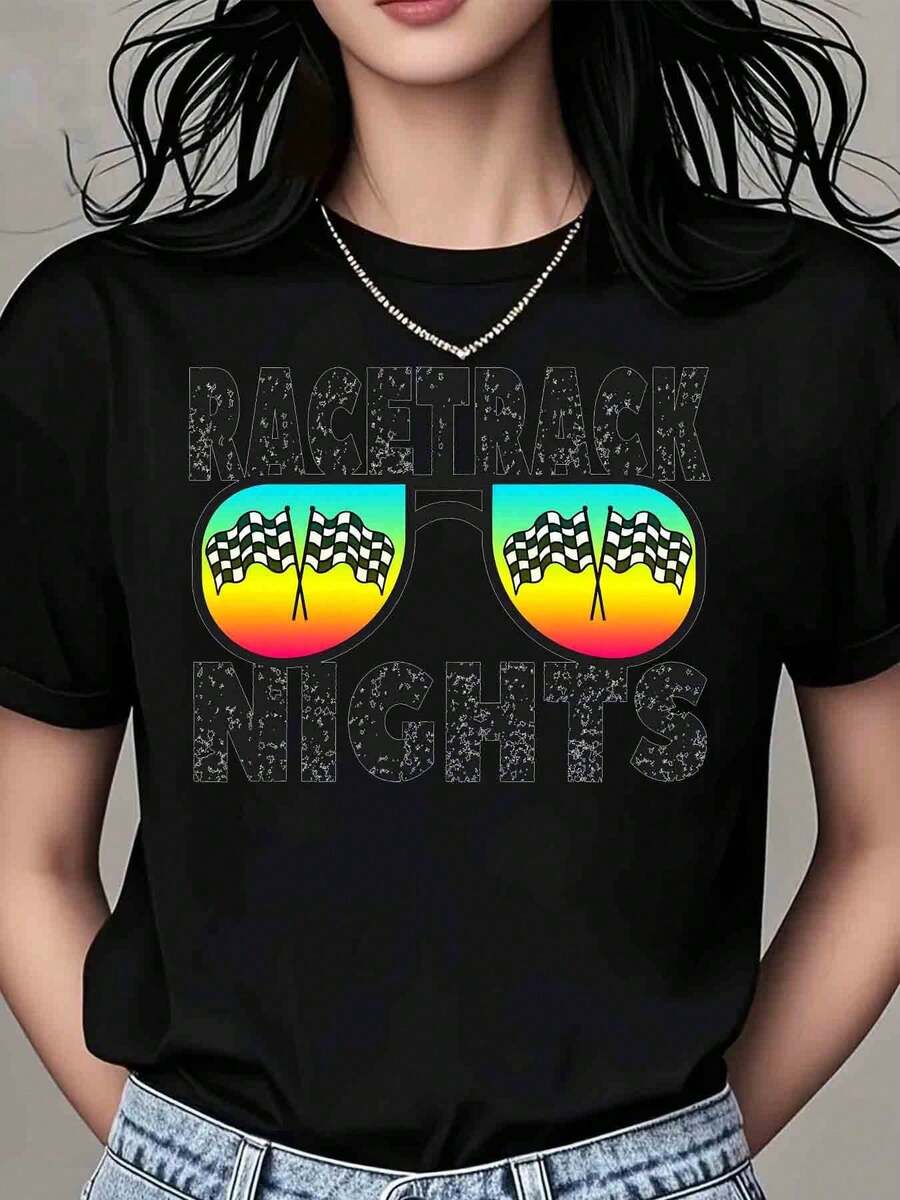 Women's Vintage Shirt, 'Racetrack Nights' Print With Sunglasses And Checkered Flags, Casual Summer Sportswear - Black - View 1