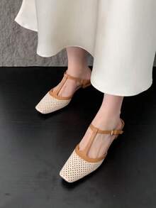 Zapatos con hebilla de cuero PU de unicolor básico vintage, adecuados para playa, boda, fiesta, oficina, exterior, hogar, primavera y verano - Beis - Ver 3