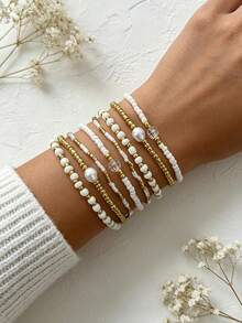 8PCS Ins Style White & Gold Fine Seed Bead Multi-Layer Bracelet, Gentle Faux Pearl Elastic Stretch Bracelet, Versatile Commute Layering Jewelry Set For Women - Gold - View 1