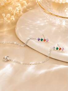 FOREVER QUEEN 1PC 925 Sterling Silver Chain Loop Stud Earring For Women, Colorful CZ Bar Front Back Chain Dangle Earring, Minimalist Cartilage Piercing Jewelry - Single Earring - View 6