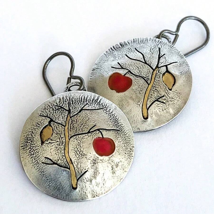 DIYCCPC Anting Kait Bulat Motif Pohon Apel Vintage untuk Wanita, Pola Pohon Timbul dengan Glasir Warna-warni dan Aksen Tetesan Minyak, Cocok untuk Dipakai Saat Bepergian Sehari-hari