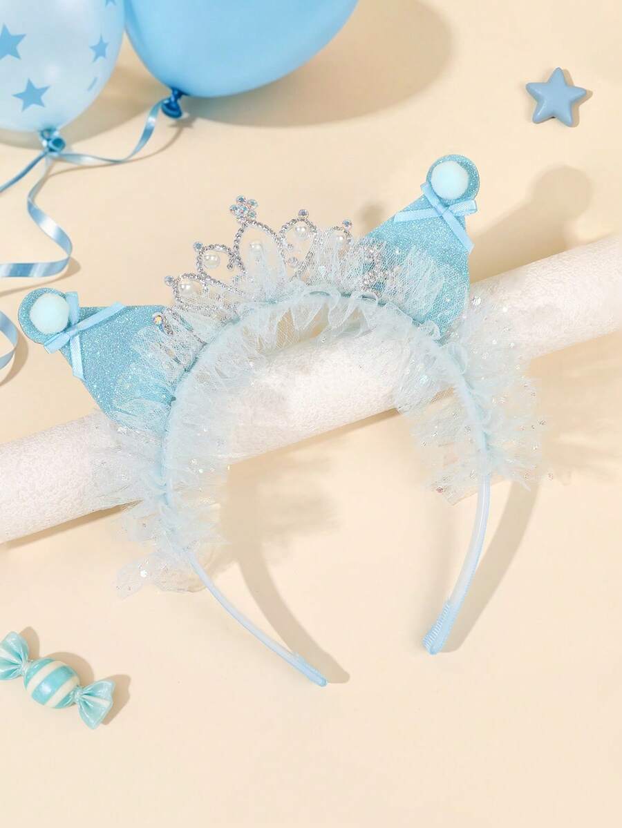 1個女孩耳型髮箍皇冠裝飾髮帶可愛公主頭飾甜美派對頭飾藍色網格裝飾髮圈青少年髮飾 - 藍色 - 查看 1