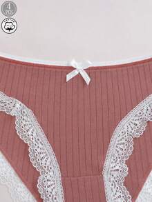 4 Packs Women's Ribbed Cotton Brief Panties, Lace Trim Bow Underwear, Soft Breathable Low-Rise Daily Intimates, Stretchy & Skin-Friendly Multicolor Pack - Multicolor - View 6
