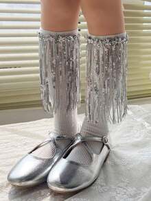 1 Pair Of Girls' Tassel Dance Socks – Sequined Tassel Mid-Calf Socks; Stylish, Versatile, And Suitable For All Seasons, Socks For Girls, Girls Socks - Multicolor - View 3