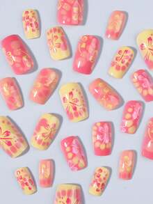 24 Stück kurze quadratische Hibiskus French Press-On Nagelaufkleber, perfekt passend für kurze Nägel, Set enthält 1 Stück Gelee-Kleber und 1 Stück Nagelfeile, einfach zu tragen, geeignet für Sommernägel und French Nails, perfekt für Frauen und Mädchen für den täglichen Gebrauch und Party-Anlässe - Verschiedenfarbig - Übersicht 6
