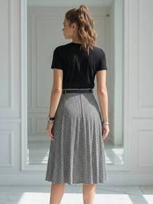 Elegant Houndstooth Patterned Mid-Length Pleated Skirt with Belt for Women - 黑色 - 查看 2