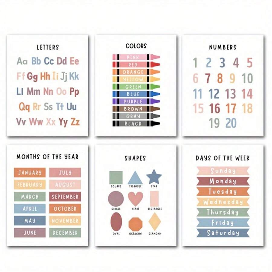 6-Piece Educational Wall Art Set: Classroom Posters, Homeschool Decor, Educational & Playroom Posters-Ideal Gift & Room Decor (Shapes, Letters, Numbers, Visual Learning Aids). Perfect For Room Decoration; Unframed, 2D Flat Design. - Paper Painting - View 1
